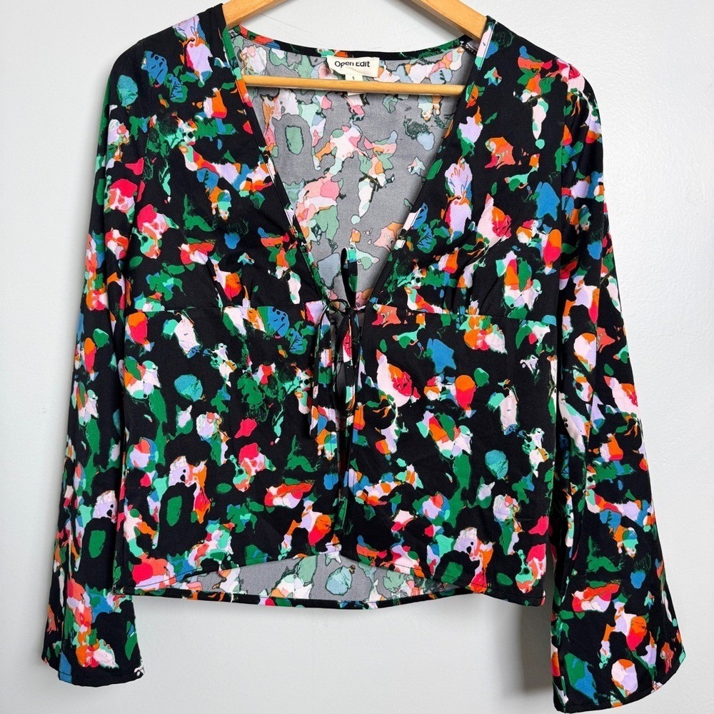 Open Edit Tie Front, Bell Sleeve Floral Top, Black-multi, Small NWT Nordstrom